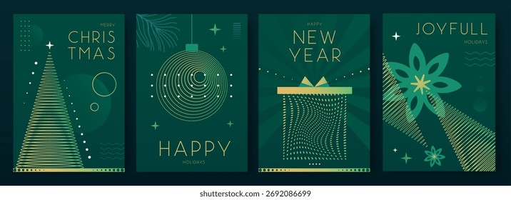 Conjunto de carteles de Navidades de vacaciones sobre fondo verde esmeralda. Ilustración vectorial de arte de línea. Diseño de tarjeta de felicitación de Navidades futuristas. 