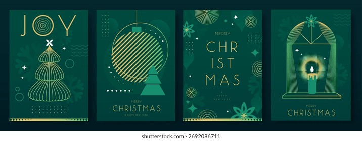 Conjunto de carteles de Navidades de vacaciones sobre fondo verde esmeralda. Ilustración vectorial de arte de línea. Diseño de tarjeta de felicitación de Navidades futuristas. 