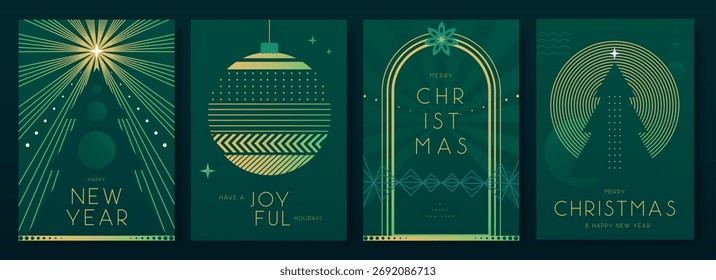 Set of Christmas holiday flat posters on emerald green background. Line art vector illustration. Futuristic Christmas greeting card design. 