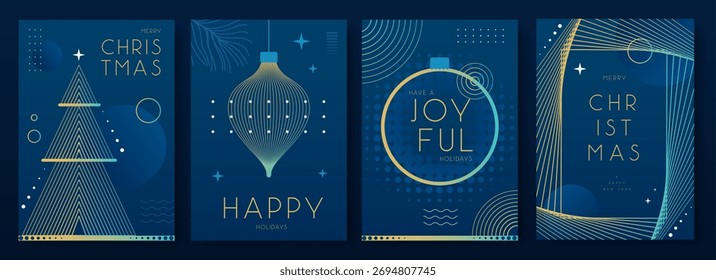 Set of Christmas holiday flat posters on blue background. Line art vector illustration. Futuristic Christmas greeting card design. Vector illustration