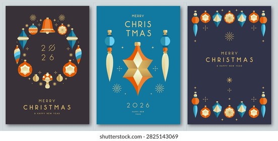 Set of Christmas holiday flat posters with tree toys, baubles, knick knacks, decorations. Christmas greeting card design. Vector illustration.