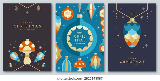 Set of Christmas holiday flat posters with tree toys, baubles, knick knacks, decorations. Christmas greeting card design. Vector illustration.