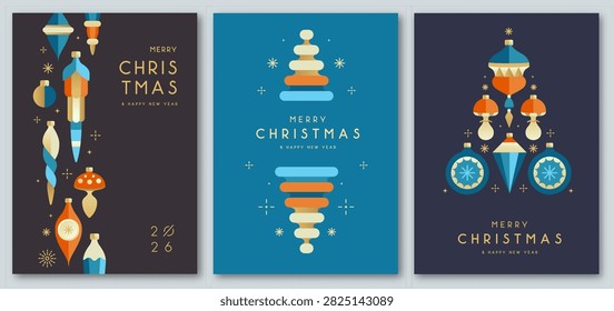 Set of Christmas holiday flat posters with tree toys, baubles, knick knacks, decorations. Christmas greeting card design. Vector illustration.