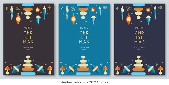 Set of Christmas holiday flat posters with tree toys, baubles, knick knacks, decorations. Christmas greeting card design. Vector illustration.