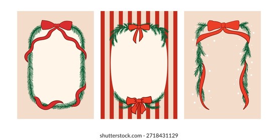 Conjunto de marcos de vacaciones de Navidad con arcos y ramas de abeto. Vector dibujado a mano ilustraciones para tarjetas de felicitación, invitaciones, carteles
