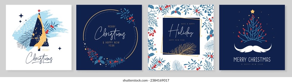 Set of Christmas holiday greeting cards or covers with christmas floral desoration. Vector illustration