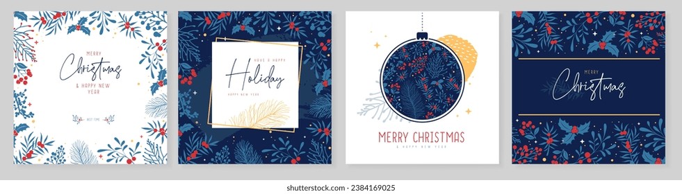 Set of Christmas holiday greeting cards or covers with christmas floral desoration. Vector illustration