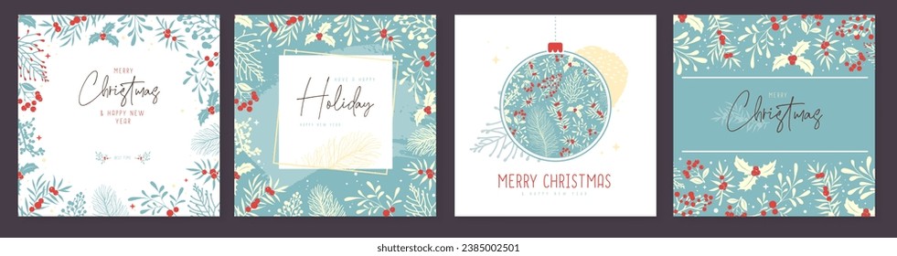 Set of Christmas holiday greeting cards or covers with christmas floral desoration. Vector illustration