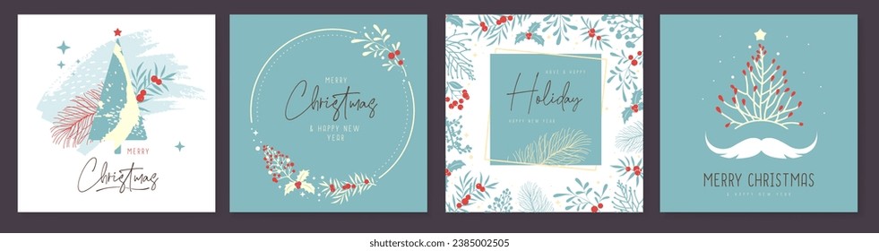 Set of Christmas holiday greeting cards or covers with christmas floral desoration. Vector illustration