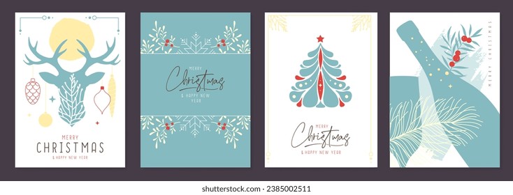 Set of Christmas holiday greeting cards or covers with floral desoration. Vector illustration