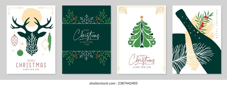 Set of Christmas holiday greeting cards or covers with floral desoration. Vector illustration