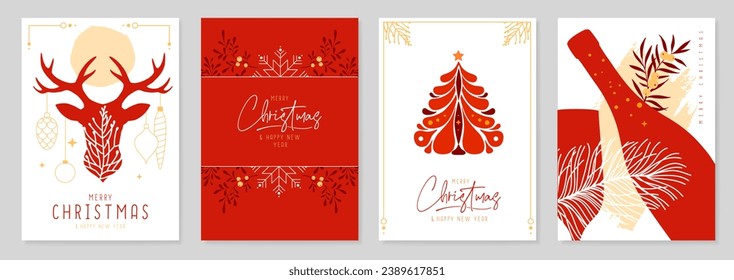 Set of Christmas holiday greeting cards or covers with floral desoration. Vector illustration