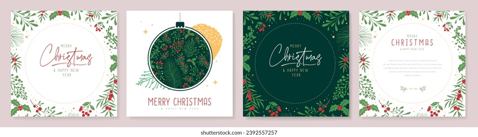 Juego de tarjetas de felicitación o cubiertas navideñas con decoraciones florales de navidad. Ilustración del vector