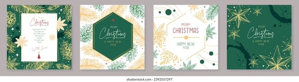 Set of Christmas holiday greeting cards or covers with floral desoration. Vector illustration