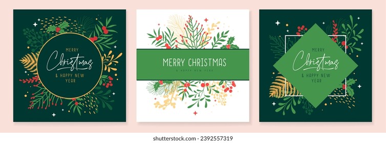 Set of Christmas holiday greeting cards or covers with christmas floral desoration. Vector illustration