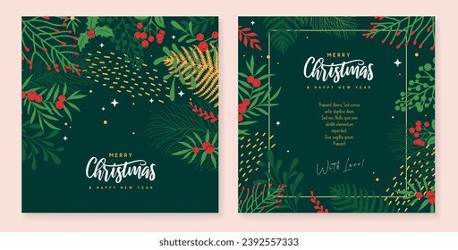 Juego de tarjetas de felicitación o cubiertas navideñas con decoraciones florales de navidad. Ilustración del vector