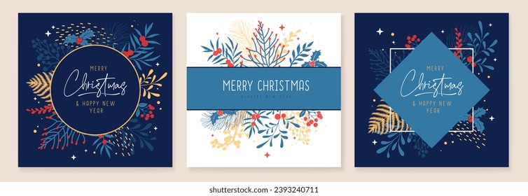 Set of Christmas holiday greeting cards or covers with christmas floral desoration. Vector illustration