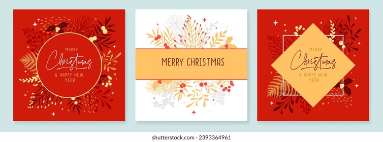 Set of Christmas holiday greeting cards or covers with christmas floral desoration. Vector illustration