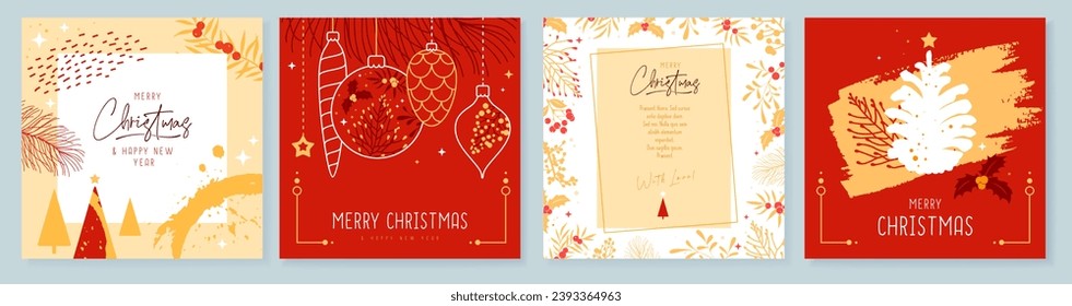 Set of Christmas holiday greeting cards or covers with christmas floral desoration. Vector illustration