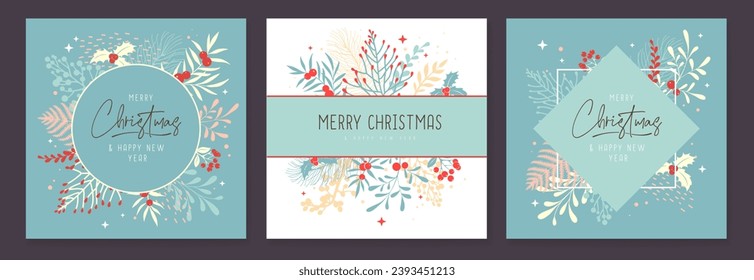 Set of Christmas holiday greeting cards or covers with christmas floral desoration. Vector illustration