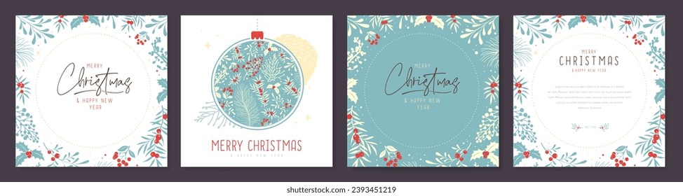 Set of Christmas holiday greeting cards or covers with christmas floral desoration. Vector illustration