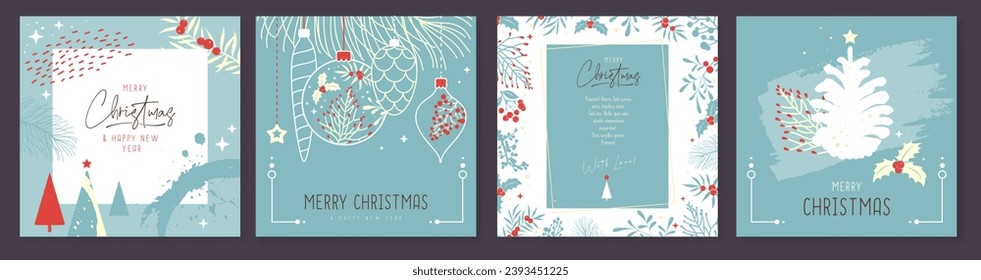 Set of Christmas holiday greeting cards or covers with christmas floral desoration. Vector illustration