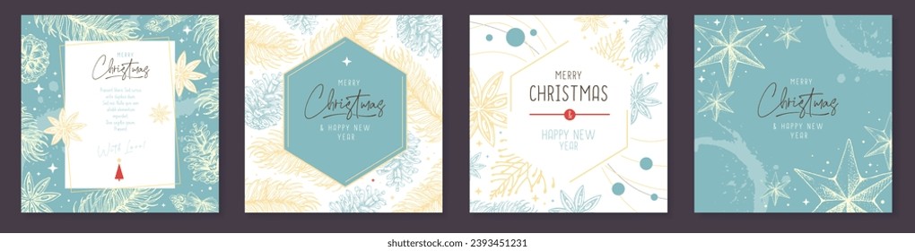 Set of Christmas holiday greeting cards or covers with floral desoration. Vector illustration