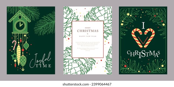 Set of Christmas holiday greeting cards or covers with christmas desoration. Vector illustration