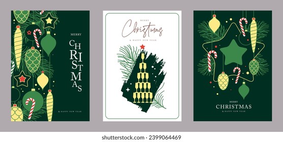 Set of Christmas holiday greeting cards or covers with christmas desoration. Vector illustration