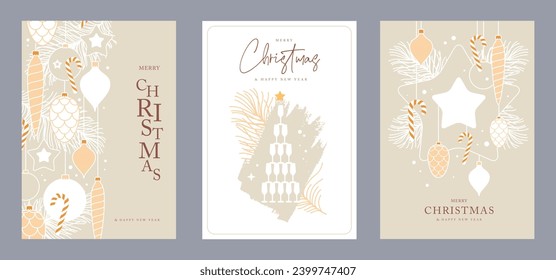 Set of Christmas holiday greeting cards or covers with christmas desoration. Vector illustration