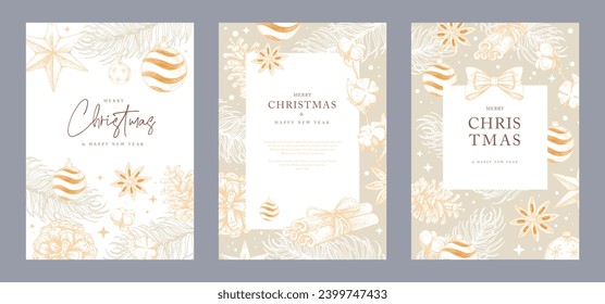 Set of Christmas holiday greeting cards or covers with christmas desoration. Vector illustration