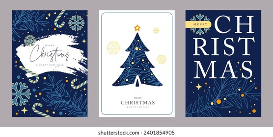 Set of Christmas holiday greeting cards or covers with christmas desoration. Vector illustration