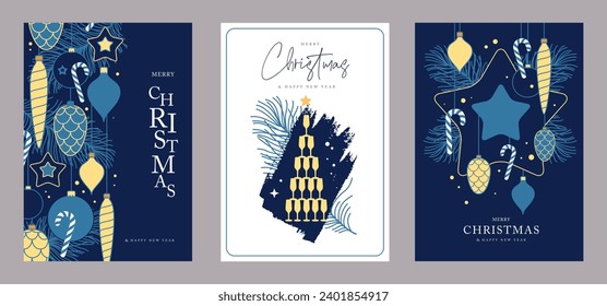 Set of Christmas holiday greeting cards or covers with christmas desoration. Vector illustration