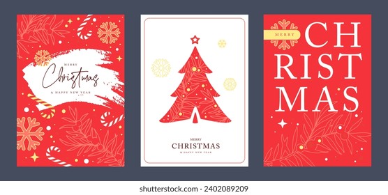 Set of Christmas holiday greeting cards or covers with christmas desoration. Vector illustration