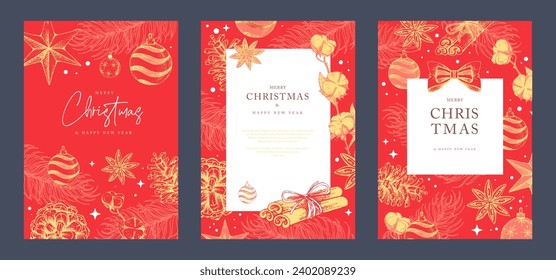 Set of Christmas holiday greeting cards or covers with christmas desoration. Vector illustration