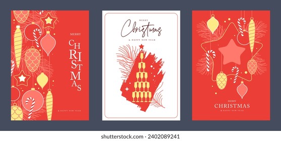 Set of Christmas holiday greeting cards or covers with christmas desoration. Vector illustration