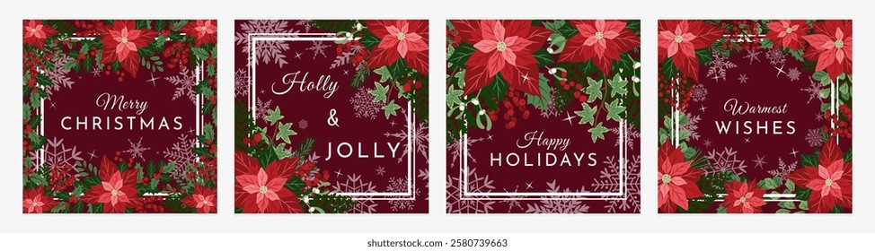 Set of Christmas holiday greeting cards with botanical decoration. Flat vector hand drawn illustration