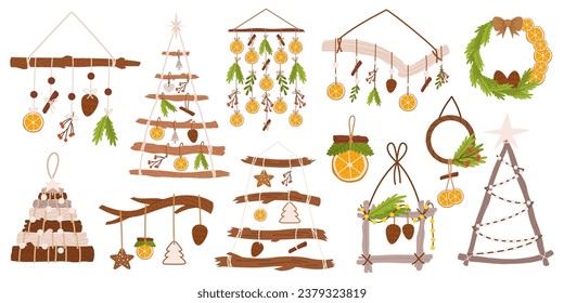 Set of Christmas Holiday Hanging Decor. Festive Frames, Wreaths, Garlands, And Joyful Accents. Hand Made Items of Natural Materials to Make Season Merry And Bright. Cartoon Vector Illustration