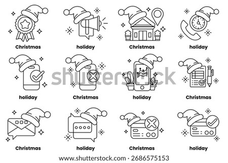 A set of Christmas and holiday icons. The icons include a Santa hat, a house, a phone, a clock, and a plant