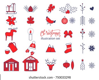 Set of christmas holiday icons, linear vector illustrations. Sledge with presents, gift, holly, poinsettia, elk, bird, rain deer, cup and coffeepot, candle, hat, mittens, bell, trees, snowflakes.