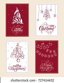 set of Christmas holiday illustration with calligraphy text Merry Christmas and Happy New Year