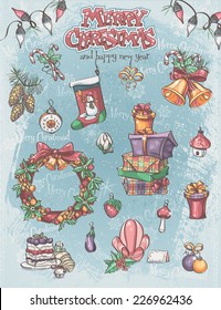 Set of Christmas holiday items, as well as background and greeting inscription