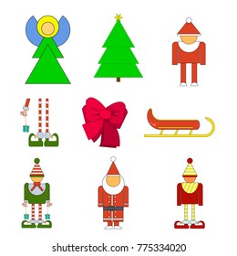 Set Christmas holiday objects. Vector illustration of elf, santa, angel, bow, christmes tree, sledge on white background. Simple shape style. Flat design.