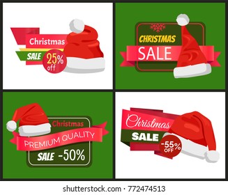 Set of Christmas holiday sale posters with Santa Claus hat and lettering on colorful tags with different shapes for badges, vector illustration.