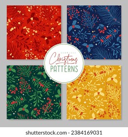 Set of Christmas holiday seamless patterns or greeting cards with floral desoration. Vector illustration