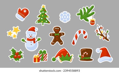 Set of Christmas holiday stickers. Objects isolated on gray background. Symbols of winter holidays. Christmas tree, snowman, candy cane, holly berries, Santa's hat and others. Vector.