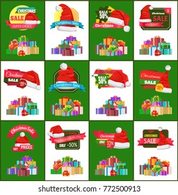 Set of Christmas holiday super choice sale cards with discounts and hot prices with Santa Claus Saint Nicolas hats and presents, vector illustration