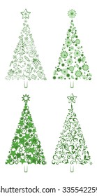 Set Christmas Holiday Trees with Patterns of the Silhouettes Cartoon Figures and Symbols and Floral Ornaments on White Background. Vector