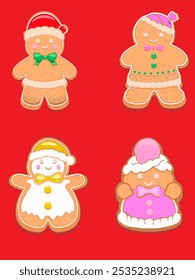 Conjunto de Ilustraciones vectoriales de vacaciones de Navidades. Colección de hombres de jengibre dulce de diferentes Formas, aislados sobre fondo rojo. cuatro dulces caseros y galletas. Felicidades.