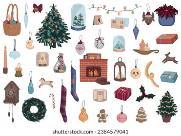 Set of Christmas holidays doodles. Cartoon clip arts of xmas decorations, trees, wreath, garlands, candles, gifts. Contemporary vector illustrations collection isolated on white.